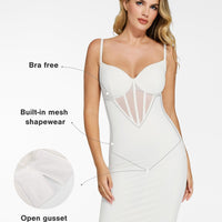 Shapewear Mesh Corset Panel Built-In Sculpting Midi Dress