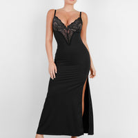 Shapewear Lace V Neck Side Slit Slimming Maxi Slip Dress