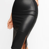 Shapewear Sculpting Faux Leather Front Slit Midi Skirt