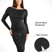 Shapewear Long Sleeve Boat Neck Sculpting Midi Dress