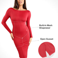 Shapewear Long Sleeve Boat Neck Sculpting Midi Dress