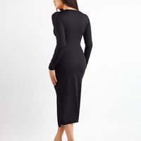Shapewear Ruched Long Sleeve Faux Wrap Slimming Midi Dress