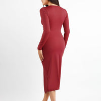 Shapewear Ruched Long Sleeve Faux Wrap Slimming Midi Dress