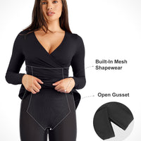 Shapewear Ruched Long Sleeve Faux Wrap Slimming Midi Dress
