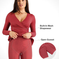 Shapewear Ruched Long Sleeve Faux Wrap Slimming Midi Dress