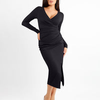 Shapewear Ruched Long Sleeve Faux Wrap Slimming Midi Dress