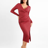 Shapewear Ruched Long Sleeve Faux Wrap Slimming Midi Dress
