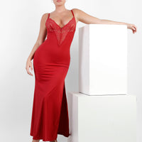 Shapewear Lace V Neck Side Slit Slimming Maxi Slip Dress