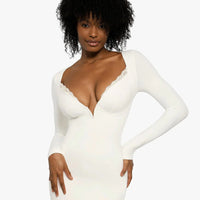 Shapewear Long Sleeve Lace Trim Sculpting Mermaid Maxi Dress