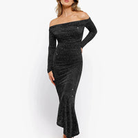 Shapewear Metallic Knit Long Sleeve Slim Mermaid Maxi Dress