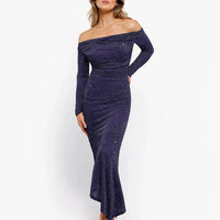 Shapewear Metallic Knit Long Sleeve Slim Mermaid Maxi Dress