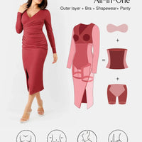 Shapewear Ruched Long Sleeve Faux Wrap Slimming Midi Dress