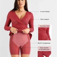 Shapewear Ruched Long Sleeve Faux Wrap Slimming Midi Dress