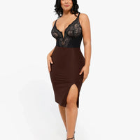 Shapewear Sculpting Faux Leather Front Slit Midi Skirt