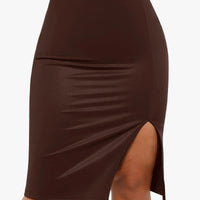 Shapewear Sculpting Faux Leather Front Slit Midi Skirt