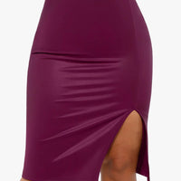 Shapewear Sculpting Faux Leather Front Slit Midi Skirt