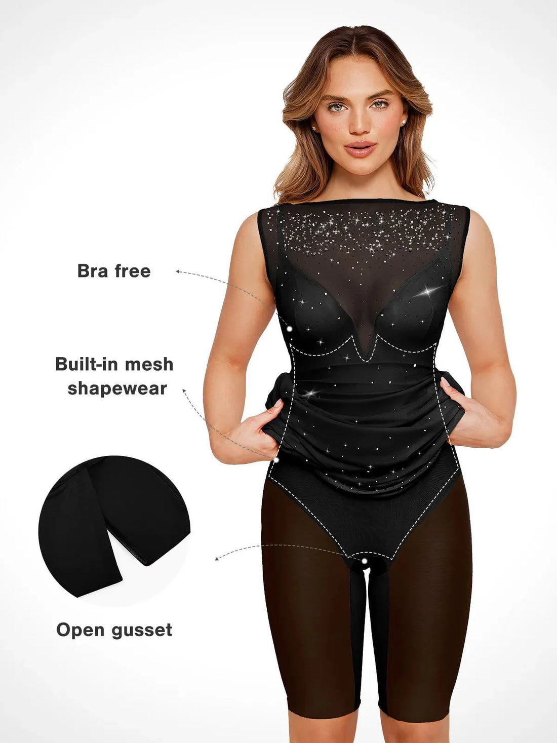 Shapewear Two-in-One Heat-Set Crystal Mesh Slim Midi Dress
