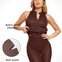 Shapewear Sculpting Faux Leather Zip Front Midi Dress
