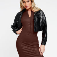 Shapewear Sculpting Faux Leather Zip Front Midi Dress