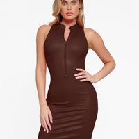 Shapewear Sculpting Faux Leather Zip Front Midi Dress