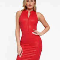 Shapewear Sculpting Faux Leather Zip Front Midi Dress