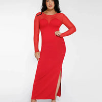 Shapewear Mesh Long Sleeve V-Back Slimming Maxi Dress