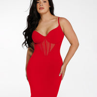 Shapewear Mesh Corset Panel Built-In Sculpting Midi Dress