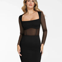 Shapewear Long Sleeve Mesh Inset Bodycon Midi Dress