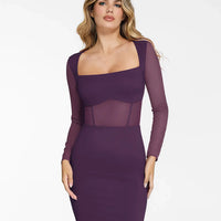 Shapewear Long Sleeve Mesh Inset Bodycon Midi Dress